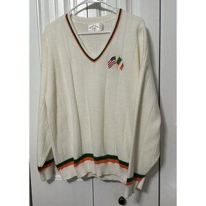 Vintage Whats Next White Acrylic Knit Sweater XL Flag Embroidered USA Ireland